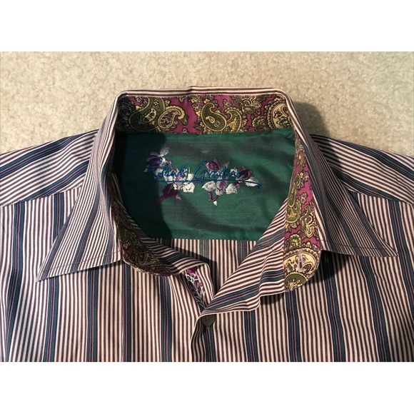 Robert Graham Dress Shirt Stripes Embroidered Purple Flower Flip Cuff Men Size L - Picture 3 of 12